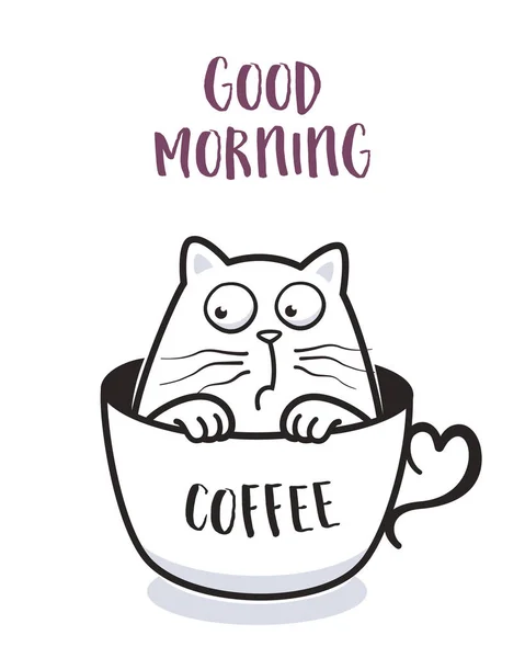 Funny Cat Cup Coffee Greeting Card Design Shirt Print Poster — Stock Vector