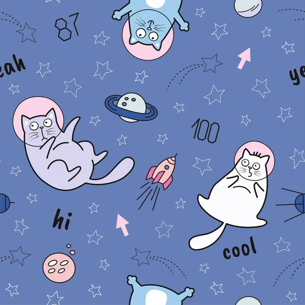 Funny cats in space seamless pattern. The pattern can be repeated without any visible seams