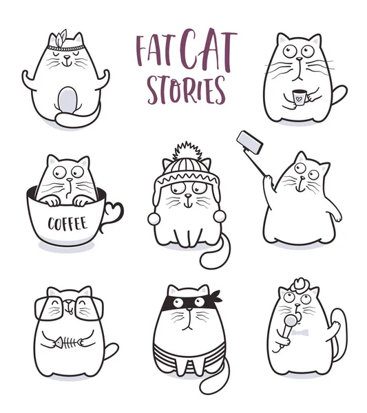 Fat Cats Vector Set Greeting Card Design Shirt Print Poster — Stock Vector