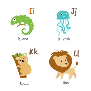 İguana denizanası koala aslan karakterlerle hayvan alfabesi