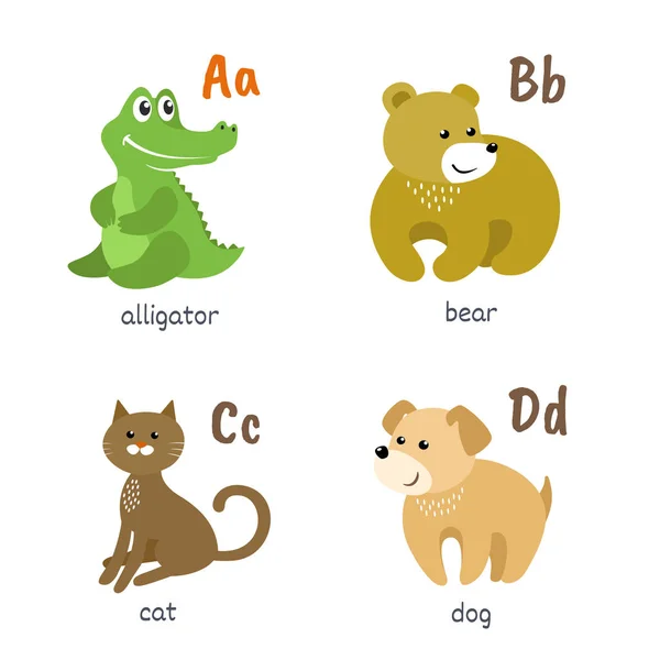 Ζώων Αλφάβητο Χαρακτήρες Σκύλος Γάτα Φέρουν Αλιγάτορα — Διανυσματικό Αρχείο