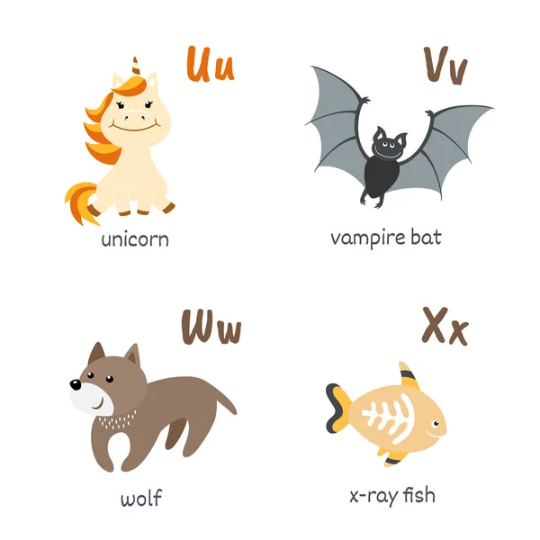 Alfabeto Animale Con Unicorno Vampiro Pipistrello Lupo Pesci Raggi — Vettoriale Stock