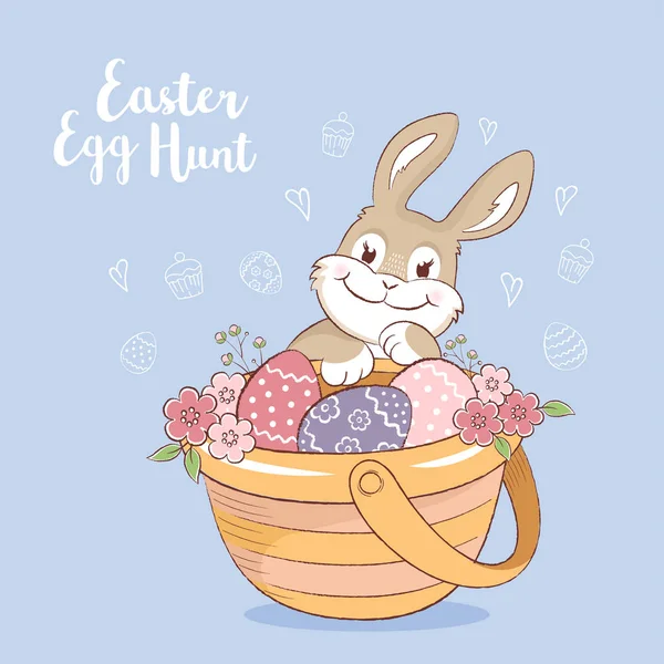 复活节兔子与鸡蛋和鲜花贺卡 — 图库矢量图片