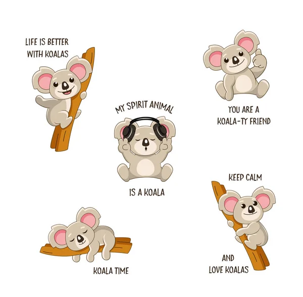 Funny Koala Stickers Set Quotes — Stock Vector