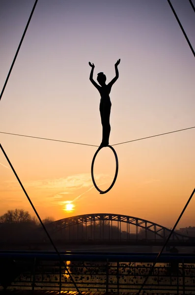 Krakow Poland December 2017 Sculptures Acrobats Famous Sculptures Hanging Bridge — Stock Photo, Image