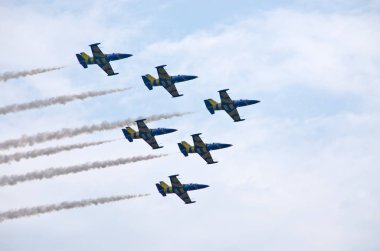 Radom, Polonya - 26 Ağustos 2017: Airshow Radom Baltic arı oluşumu. Orta Avrupa'nın en ünlü havacılık olaylardan biri.