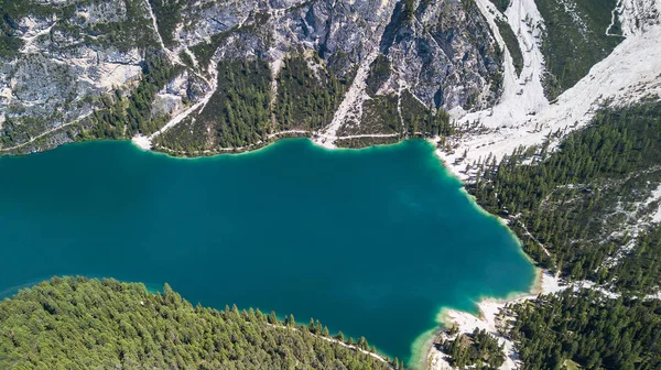 Légi Felvétel Kristály Tiszta Lago Braies — Stock Fotó