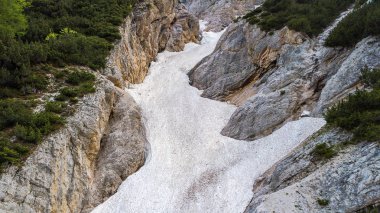 Alp dağlarında karlı çamur akışının havadan görünüşü.