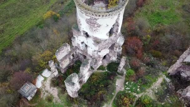 Luchtfoto Van Verwoeste Torens Van Het Kasteel Van Chervonohorod Bovenaanzicht — Stockvideo