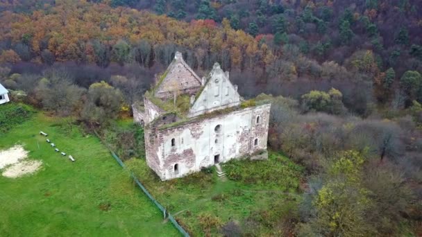 Légi Felvétel Romos Templom Szűz Mária Mennybevétele Chervonohorod Vár Romjai — Stock videók