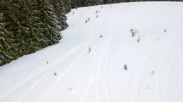 Sporen Van Snowboarders Skiërs Sneeuw Bergen — Stockfoto