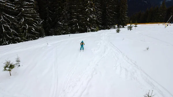 Luchtfoto Van Skiër Die Afdaalt Van Berghelling — Stockfoto