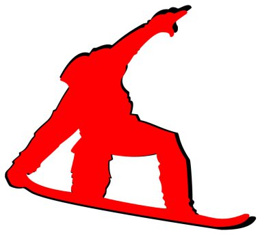 Beyaz zemin üzerine kırmızı Snowboarder düz simgesi.