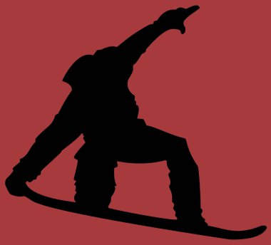 Kırmızı zemin üzerine siyah Snowboarder düz simgesi.