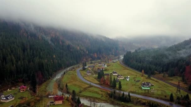 Aerial View Picturesque Mountain Valley Village Railway Road River Carpathians — Stock Video