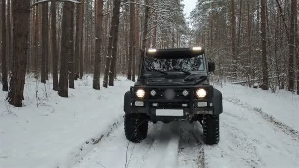 Jazdy Road Suv Zimowym Lesie Widok Przodu — Wideo stockowe