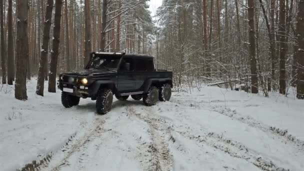 Jazdy Road Suv Lesie Zimą Widok Przodu Lewej Stronie — Wideo stockowe