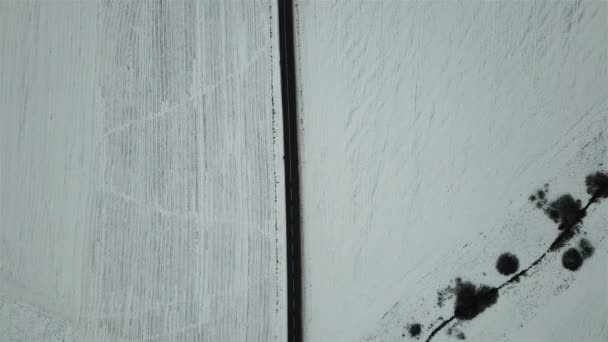 Luftaufnahme Der Winterstraße Vor Dem Hintergrund Eines Schneebedeckten Feldes Blick — Stockvideo