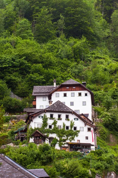 Old vintage wooden houses on the hills in Hallstatt, Austria.