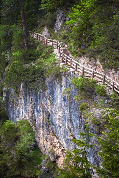 山中湖 Lago Di Braies、イタリアの木製階段 — ストック写真