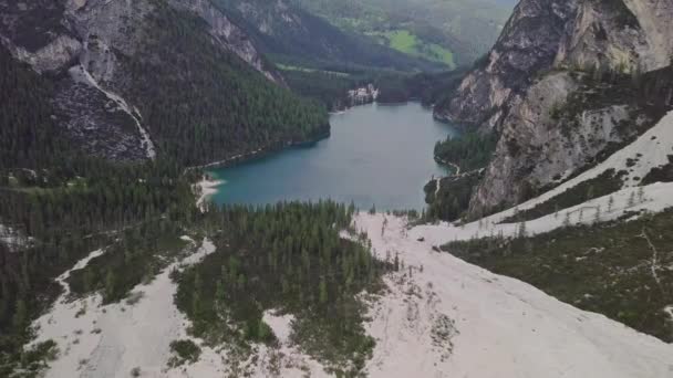 Vista Aerea Del Lago Cristallino Lago Braies — Video Stock