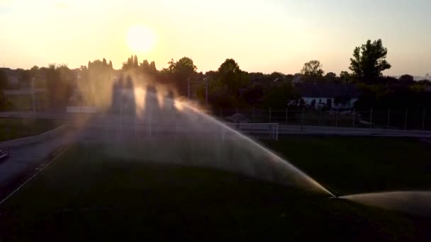 サッカー場の芝生の水まきの航空写真 — ストック動画
