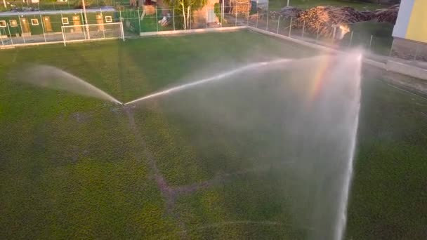 Aerial View Watering Lawn Football Field — Stock Video