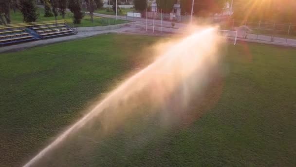 Aerial View Watering Lawn Football Field — Stock Video