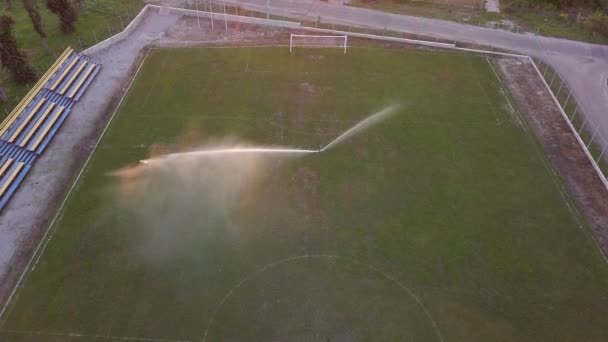 サッカー場の芝生の水まきの航空写真 — ストック動画