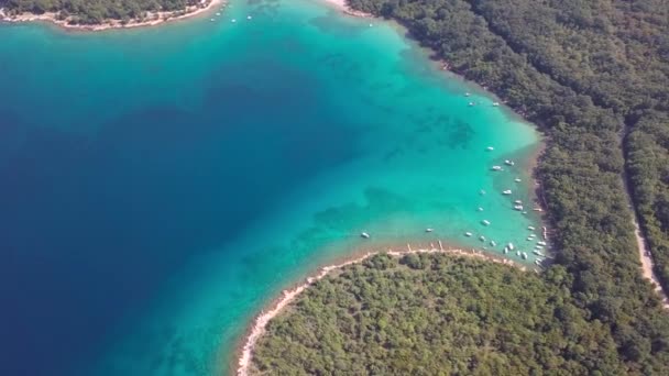 ボートKrk クロアチアと島の海岸線沖の透明な水の航空写真 — ストック動画