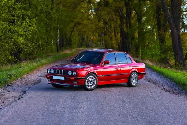 Die Front des alten, roten deutschen Autos, das im Wald steht — Stockfoto