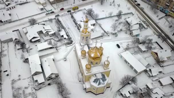 Vue Aérienne Panorama Ville Ukrainienne Avec Une Église Hiver Lors — Video