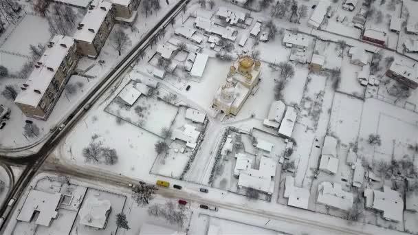 Vue Aérienne Panorama Ville Ukrainienne Avec Une Église Hiver Lors — Video