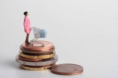 insanlar minyatür sepeti için alışveriş ve para paralar ile