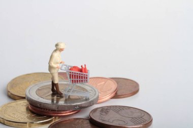 insanlar minyatür sepeti için alışveriş ve para paralar ile