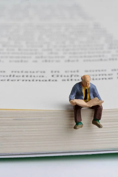 Miniaturfigur Von Menschen Die Auf Einer Buchseite Stehend Lesen — Stockfoto