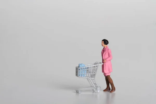 people miniature with cart for shopping and money coins