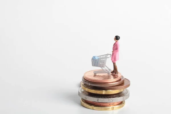 Miniaturní Lidé Vozíkem Pro Nakupování Peníze Mince — Stock fotografie