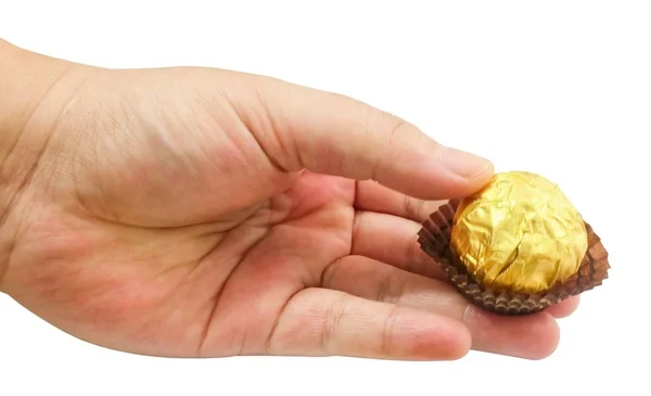 Comida Doce Mão Segurando Rodada Bola Chocolate Doce Bombom Chocolate — Fotografia de Stock