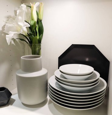 Mutfak malzemesi, beyaz porselen tabak, kase ve hizmet sıcak ve soğuk yiyecek hazırlama plakaları topluluğu.