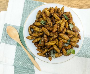 Mutfak ve gıda, Tay geleneksel derin kızarmış marine Hindistan cevizi solucanlar otlar ile üstten görünüm üzerinde beyaz bir yemek. Bir Tayland en popüler sokak gıda.