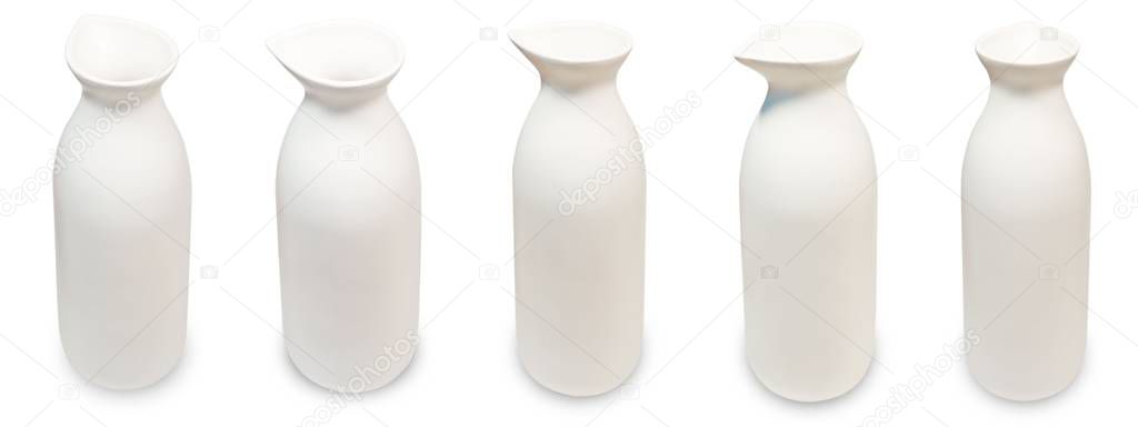Cuisine and Food, Set of Japanese Traditional Style of White Ceramic Sake Bottles for Served Japanese Rice Wine Isolated on White Background.