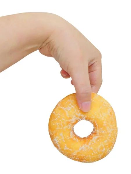 Food Bakery Hand Holding Delicious Fresh Sweet Donut Sugar Toppings — Stock Photo, Image