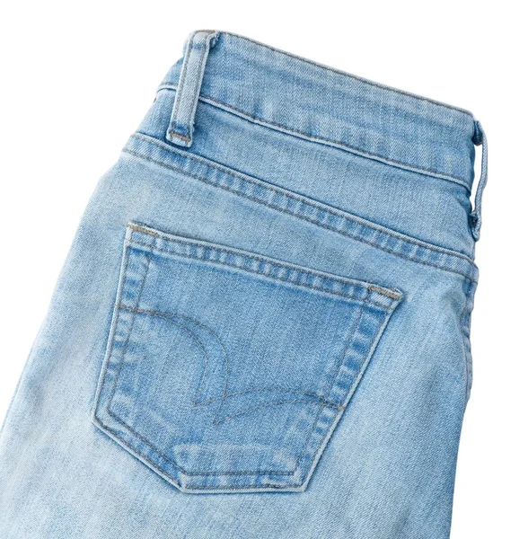 Tyg Textur Nära Upp Till Blå Denim Jean Isolerad Vit — Stockfoto