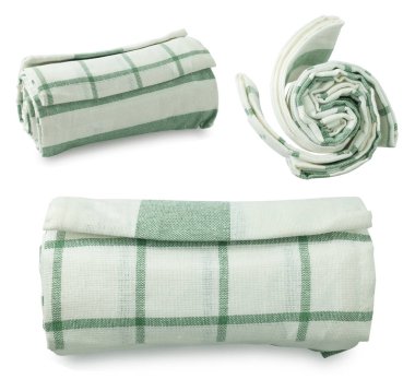 Mutfak malzemesi, beyaz ve yeşil peçete, peçete veya beyaz arka plan üzerinde izole mutfak havlular.