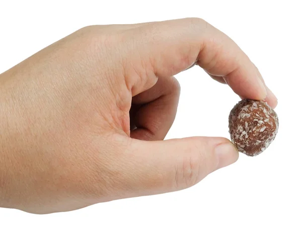 Sweet Food Hand Holding Chocolate Candy Balls Chocolate Bonbons Grate — Stock Photo, Image