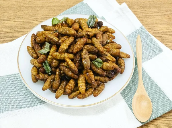 Mutfak ve gıda, Tay geleneksel derin kızarmış Marine Hindistan cevizi solucanlar otlar üzerinde beyaz bir çanak ile. Bir Tayland en popüler sokak gıda.