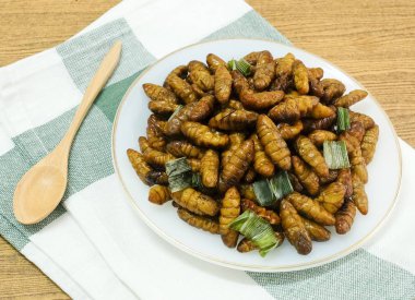 Mutfak ve gıda, Tay geleneksel derin kızarmış Marine Hindistan cevizi solucanlar otlar üzerinde beyaz bir çanak ile. Bir Tayland en popüler sokak gıda.