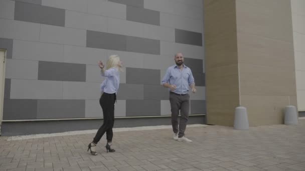 Cheerful Business Colleagues Couple Enjoying Break Time Dancing Joy Expressing — Stock Video