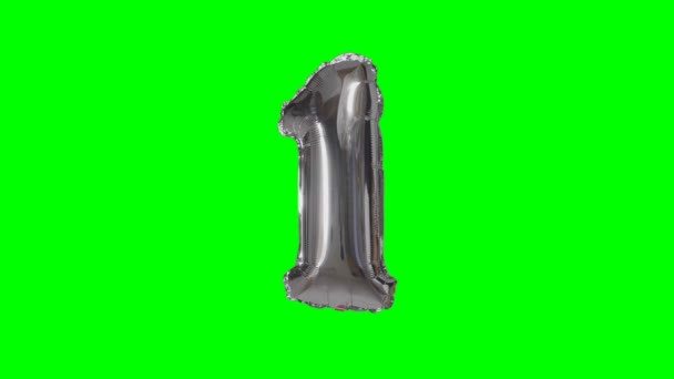 数字1一年生日纪念日银氦气球漂浮在绿色屏幕上 — 图库视频影像